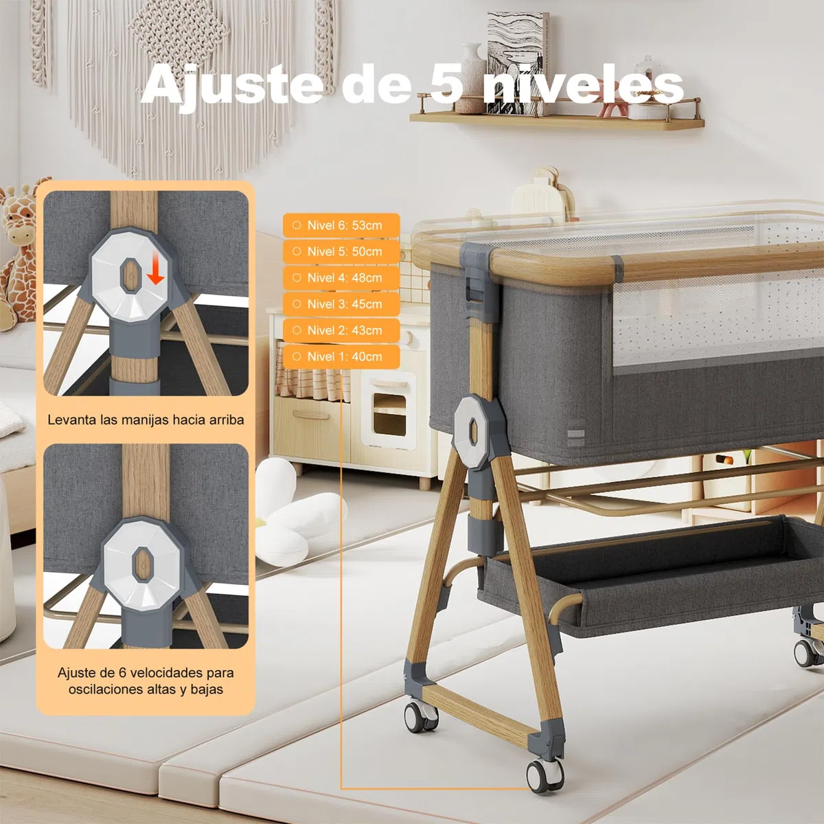 Cuna 3 en 1, Cuna de colecho,Crib Mecedora, Ajuste de Altura e inclinación del colchón (Color veta de Madera)