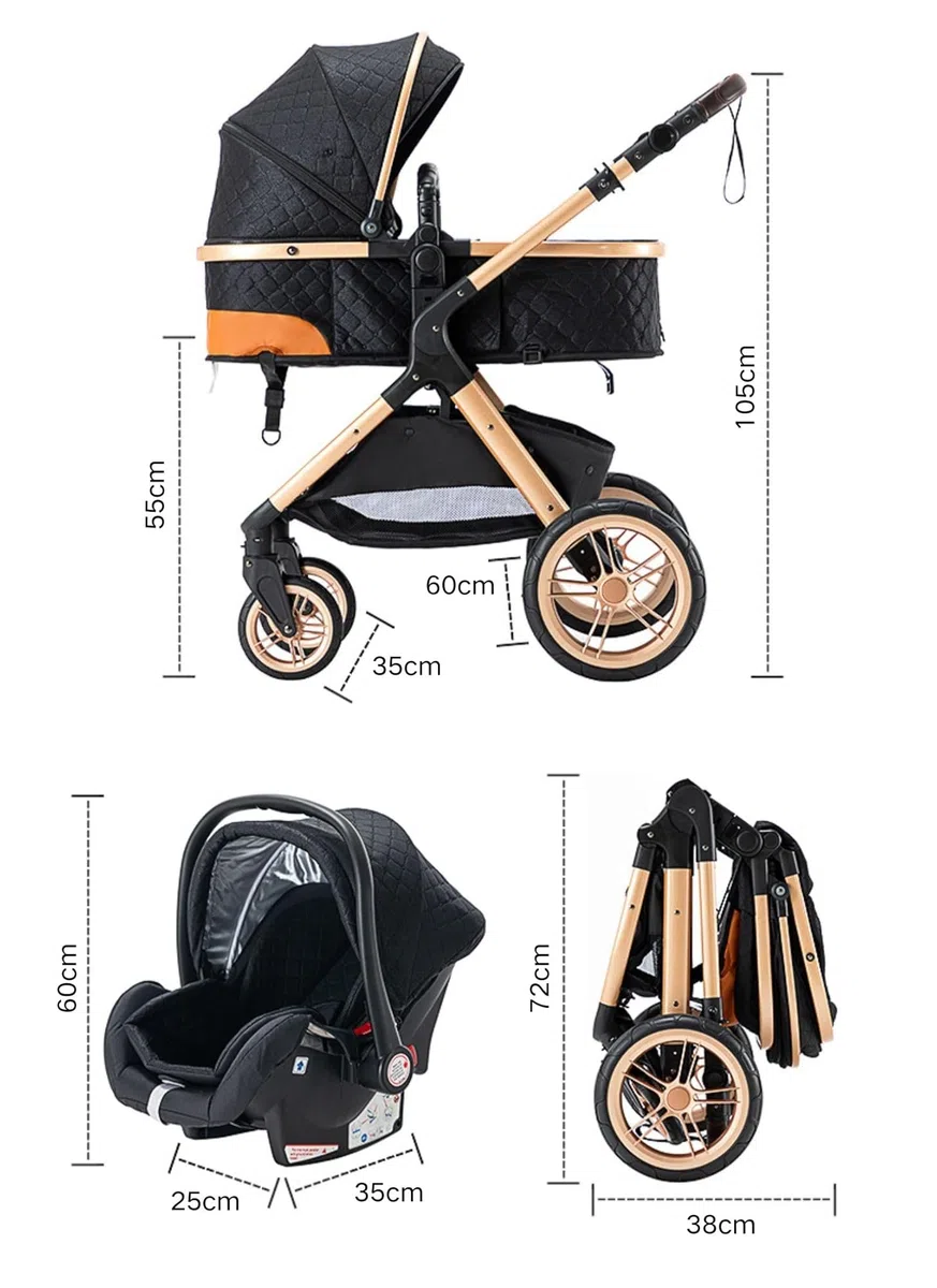 YAZOCO carrito bebe 3 en 1 Cochecito de Bebé Combinado Compacto Todoterreno Lujoso Paisaje Alto Cuatro Veces 0-36 Kg Sillas de paseo BastóN Plegable Accesorios CóModos (5 Negro)