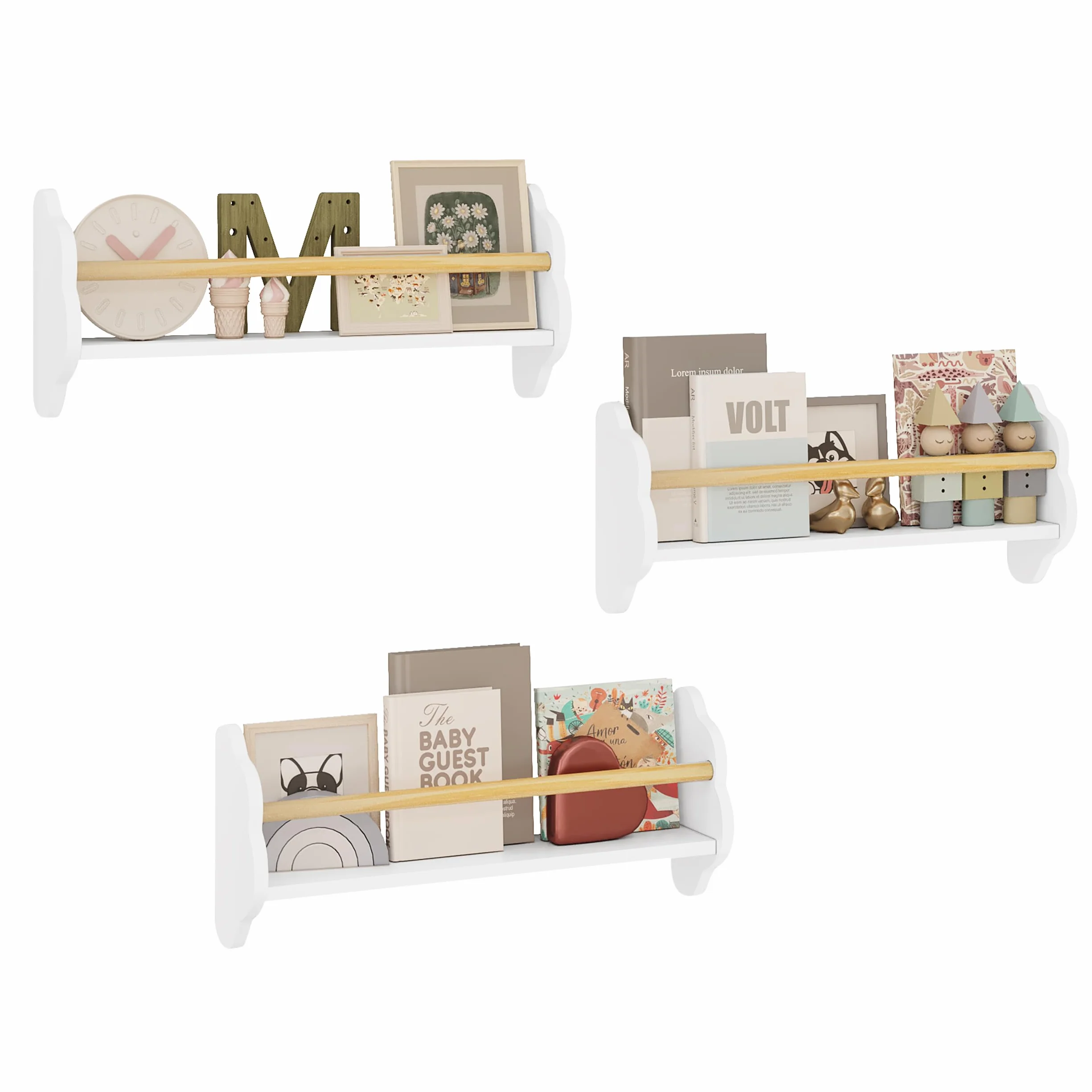 WOLTU Estanterias de Pared para Libros Infantiles, Juego de 3 Estantes Montados en Pared, Encantadora Forma Nube, Librerias Montessori para Habitación Infantil y Jardin Infancia, Blanco