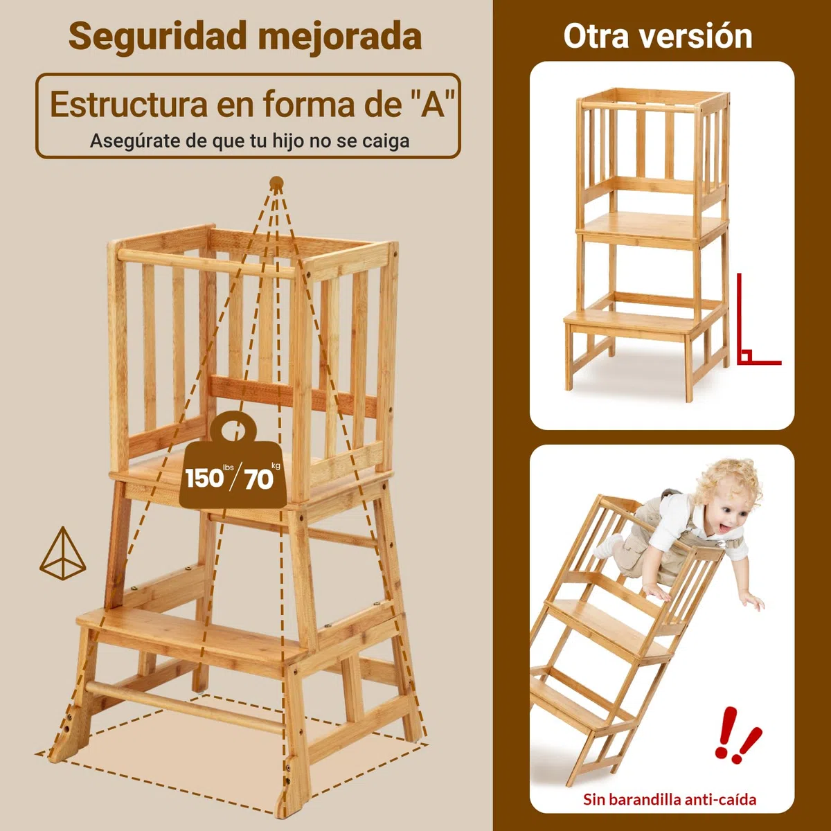 COSYLAND Torre de Aprendizaje Desde 18 Meses - Torre Aprendizaje para Niños - Protección Antivuelco y Barra de Seguridad - para Baño, Habitación Infantil y Cocina - Color Bambú