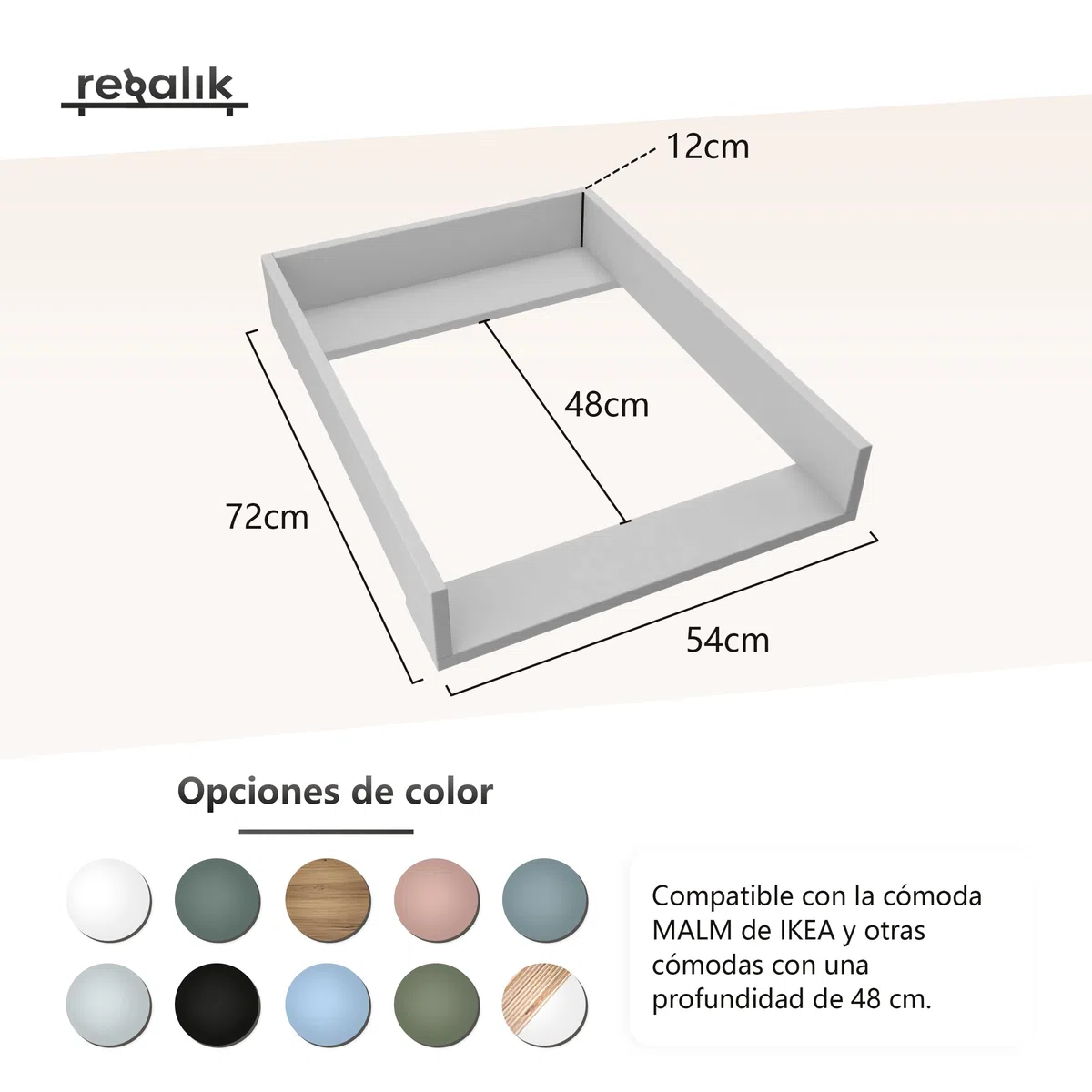Cambiador para Malm de IKEA, cambiador para cómoda de 48 cm, extraíble, paneles frontales redondeados, color blanco, 72 cm x 54 cm