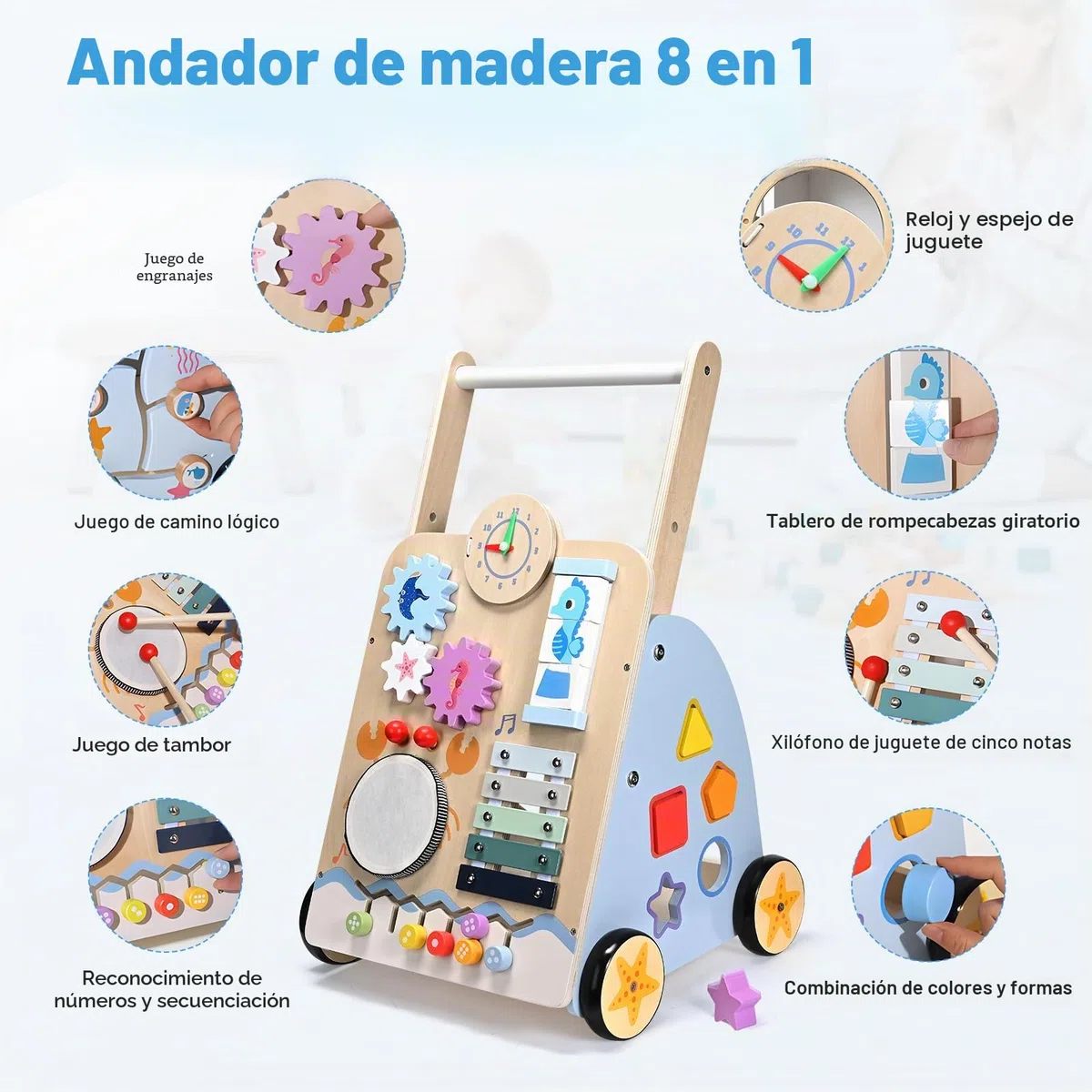 Carrito de Paseo para Bebé, 8 en 1 Juego de Motricidad para Bebé, Andador para Bebé Niño y Niña, Desarrollo cognitivo, Diseño natural y cómodo, Desde 18 meses