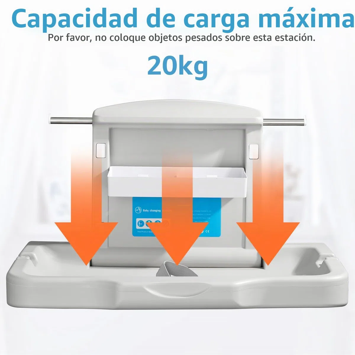Cambiador con escudo de Bebé Cambiador de Pared Cambiador de Bebé Plegable Cambiador de Pañales Baños Comerciales Horizontal HDPE Meterial con Correa de Seguridad Blanco Gris