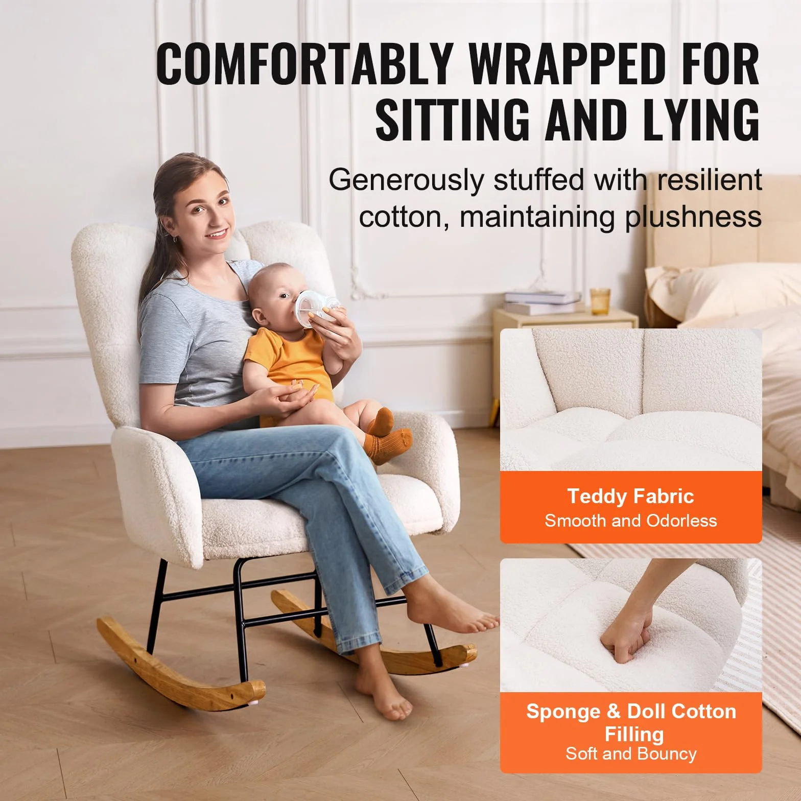 VEVOR Columpio, 113 kg Capacidad de Peso Tela de Peluche Acolchado balancín Deslizante Asiento Suave y Respaldo Alto, Silla de Lactancia para guardería, Dormitorio, Sala de Estar, Blanco Marfil, 95 x