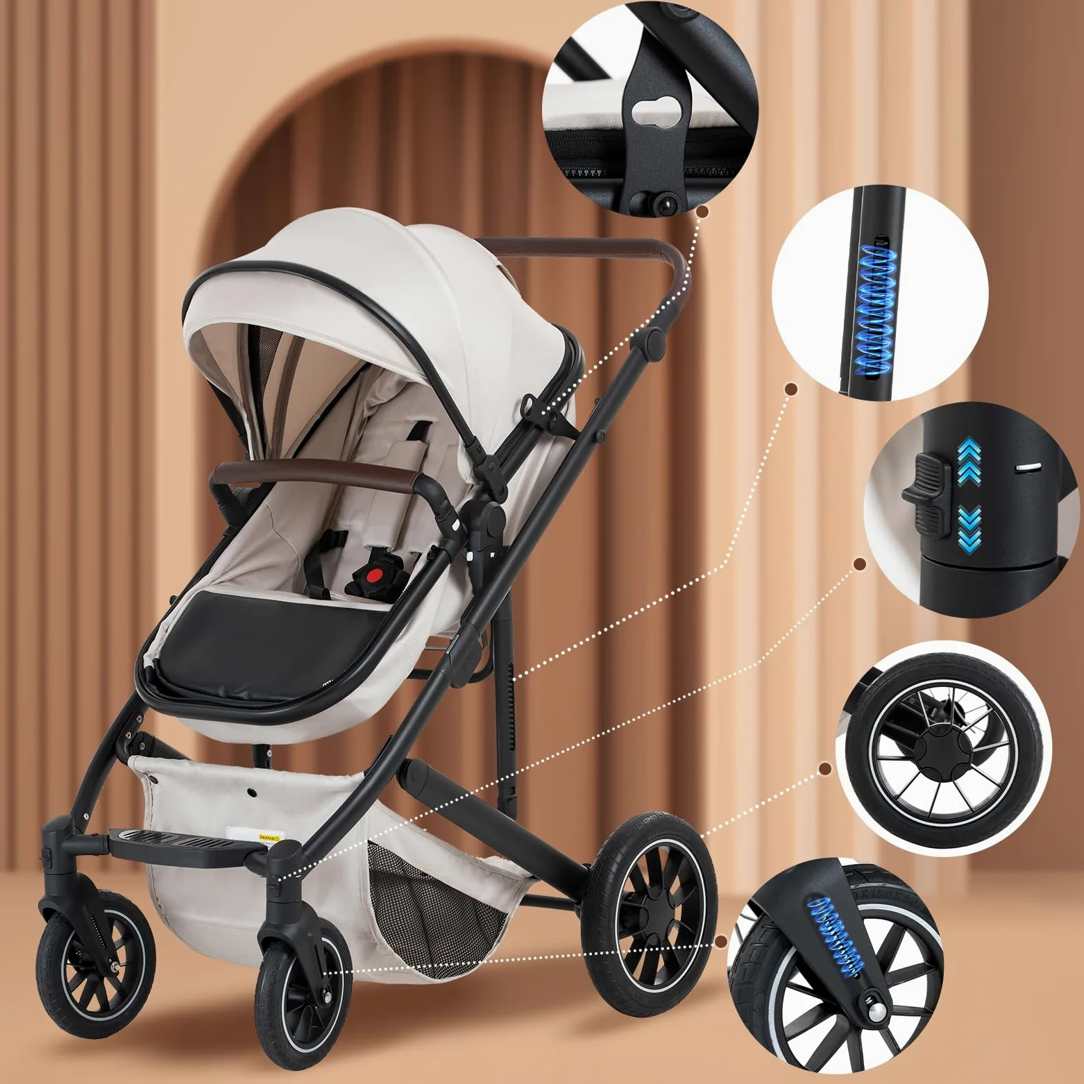 Zkiprm Cochecito 3 en 1, Sistema de viaje con asiento de coche, cochecito y capazo, reposabrazos ajustables, revestimiento de lluvia, mosquitera, guantes chasis de aluminio, Para niños de 0 a 4 años