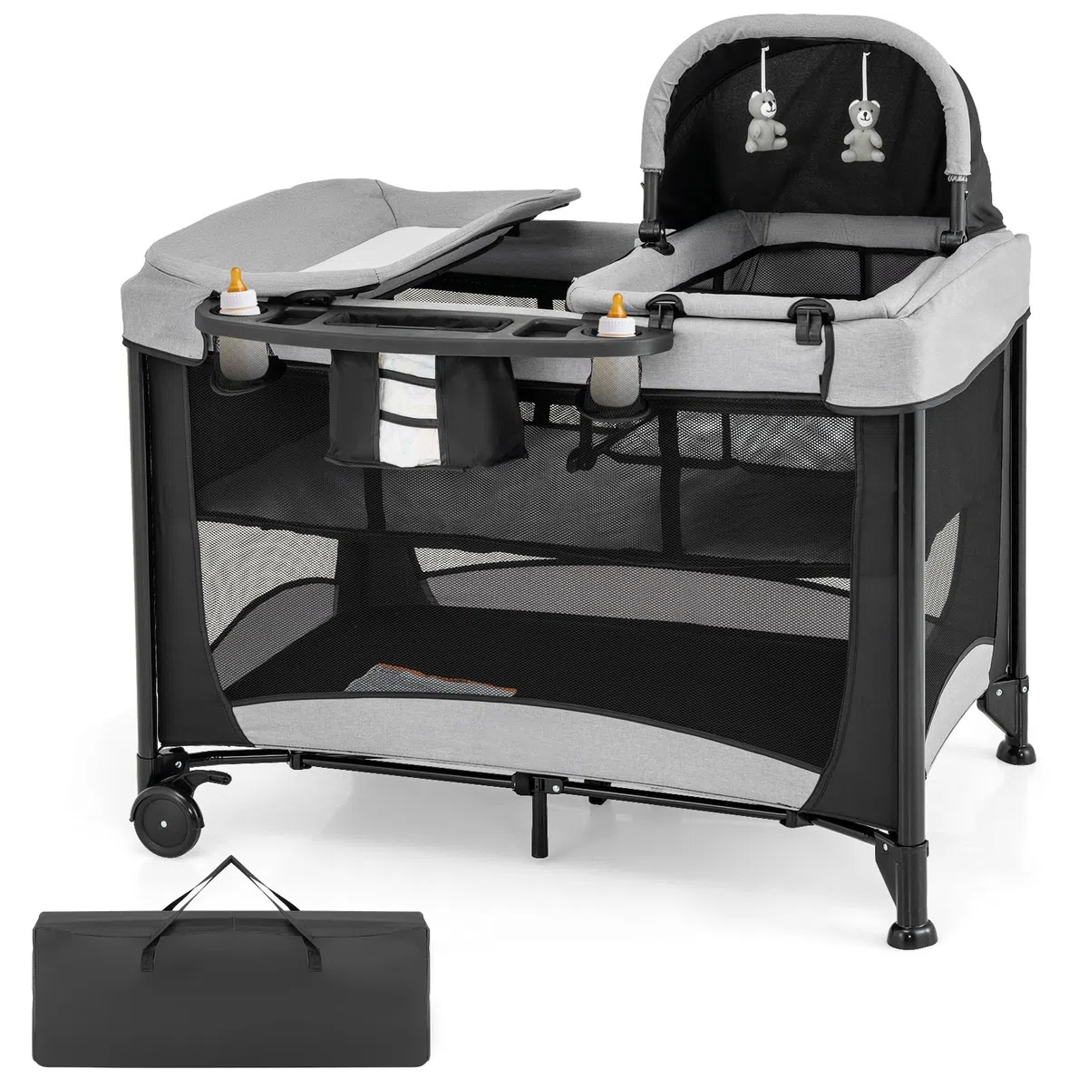 COSTWAY 5 en 1 Cuna de Viaje para Niños, Centro Infantil Portátil con Cuna,Cuna y Cambiador de Pañales, Juego para Bebés y Colchón Extraíble, Cesta de Almacenamiento, 2 Ruedas Bloqueables (Negro)