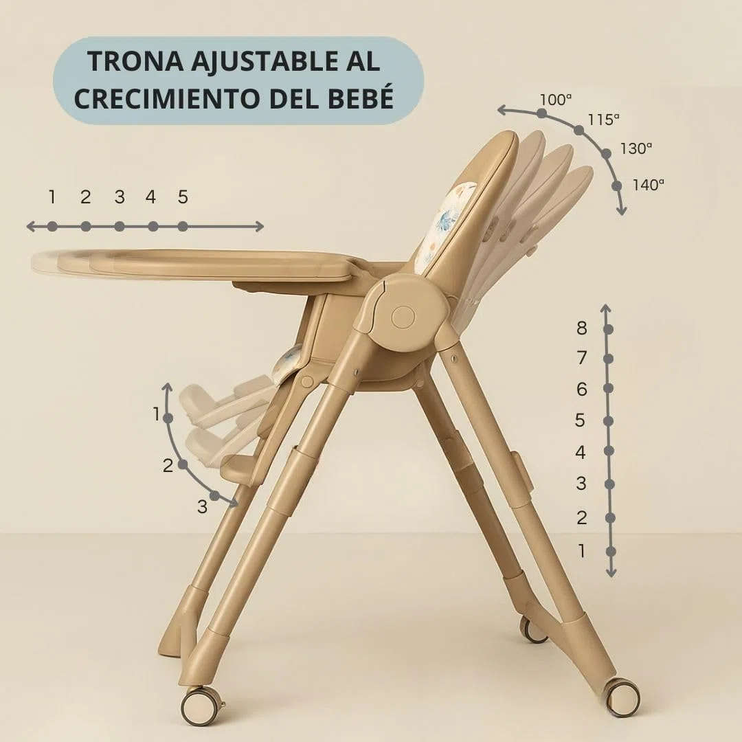 BATHBY Trona Evolutiva 3 en 1 – Plegable y Portátil, con Altura, Reposapiés, Respaldo y Bandeja todo Ajustables, 8 Niveles de Regulación y Sistema de Seguridad, Hasta 6 Años (Marrón)