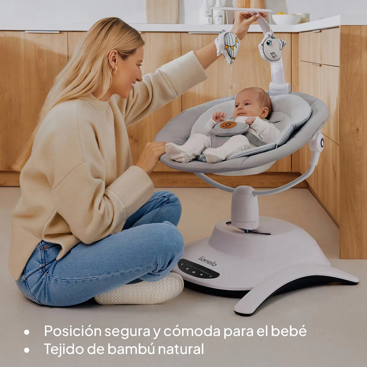 LIONELO Bella Set 2 en 1 - Hamaca eléctrica con capazo 360o para bebés de hasta 9 kg, respaldo reclinable, 5 velocidades de balanceo Cinturón de seguridad antideslizante