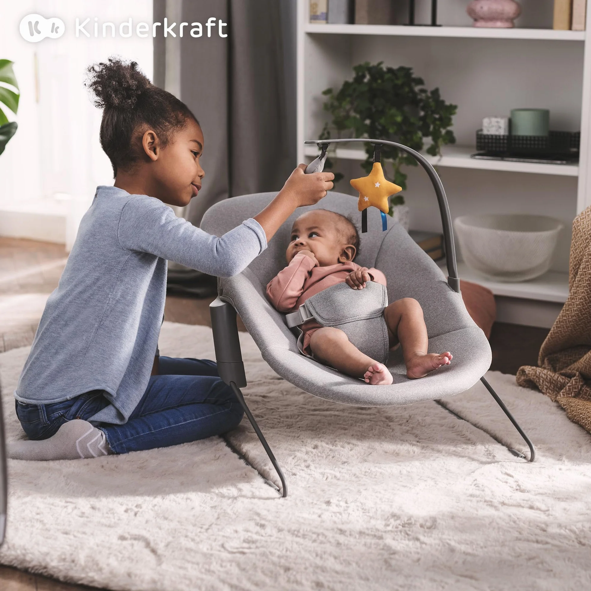 Kinderkraft ENOCK Trona bebé de Madera + Hamaca Bebé CALMEE, Silla alta Infantil Evolutiva Ergonómica, Gris