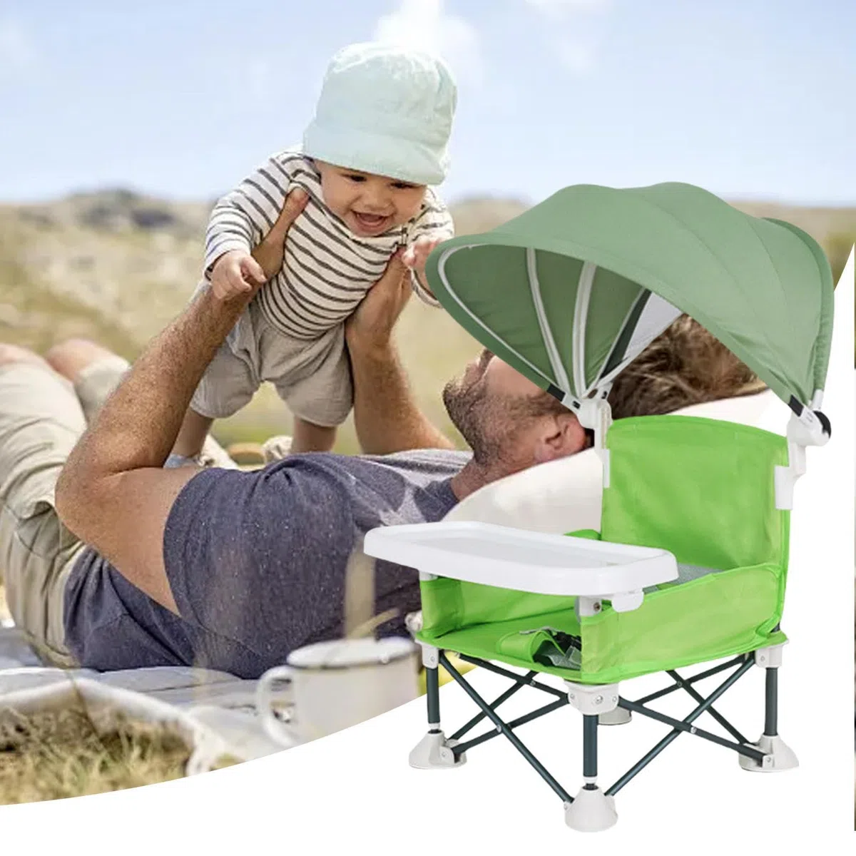 Silla De Comedor Plegable Para Bebe - 38x31x37 Cm Asiento De Viaje Para Niños Pequeños Con Bandeja Extraíble Y Sombrilla - Para Niños, Camping, Playa, Uso En Cés