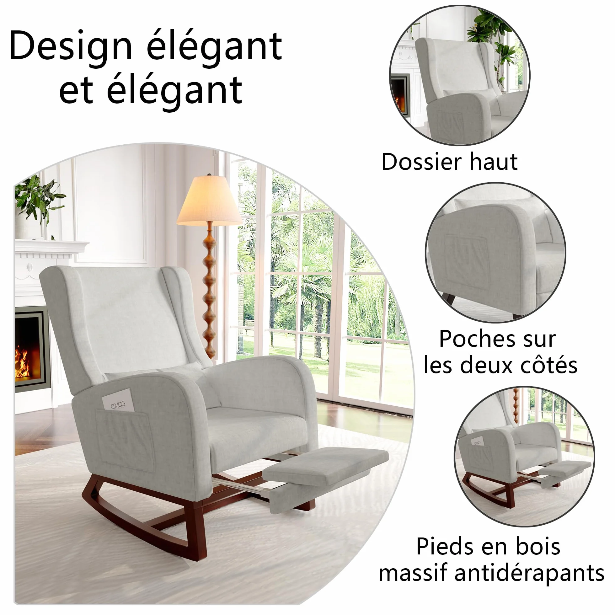 Sillón basculante con reposamuñecas retráctil, mecedora lactancia gris lino