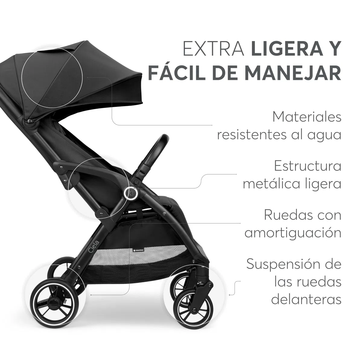 KikkaBoo Silla de Paseo Ligera CIELA, Carrito Bebé Compacto hasta 22 kg, Plegado Automático, Reclinable, Superligero, Tamaño Cabina Avión, Negro