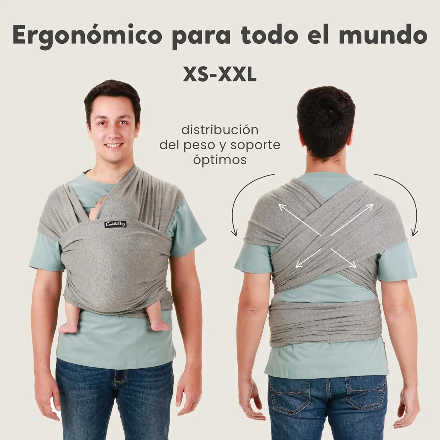 CuddleBug Fular Portabebés Recién Nacido hasta 16 Kg Manos Libres Tela Suave Elástico Talla Única Gris