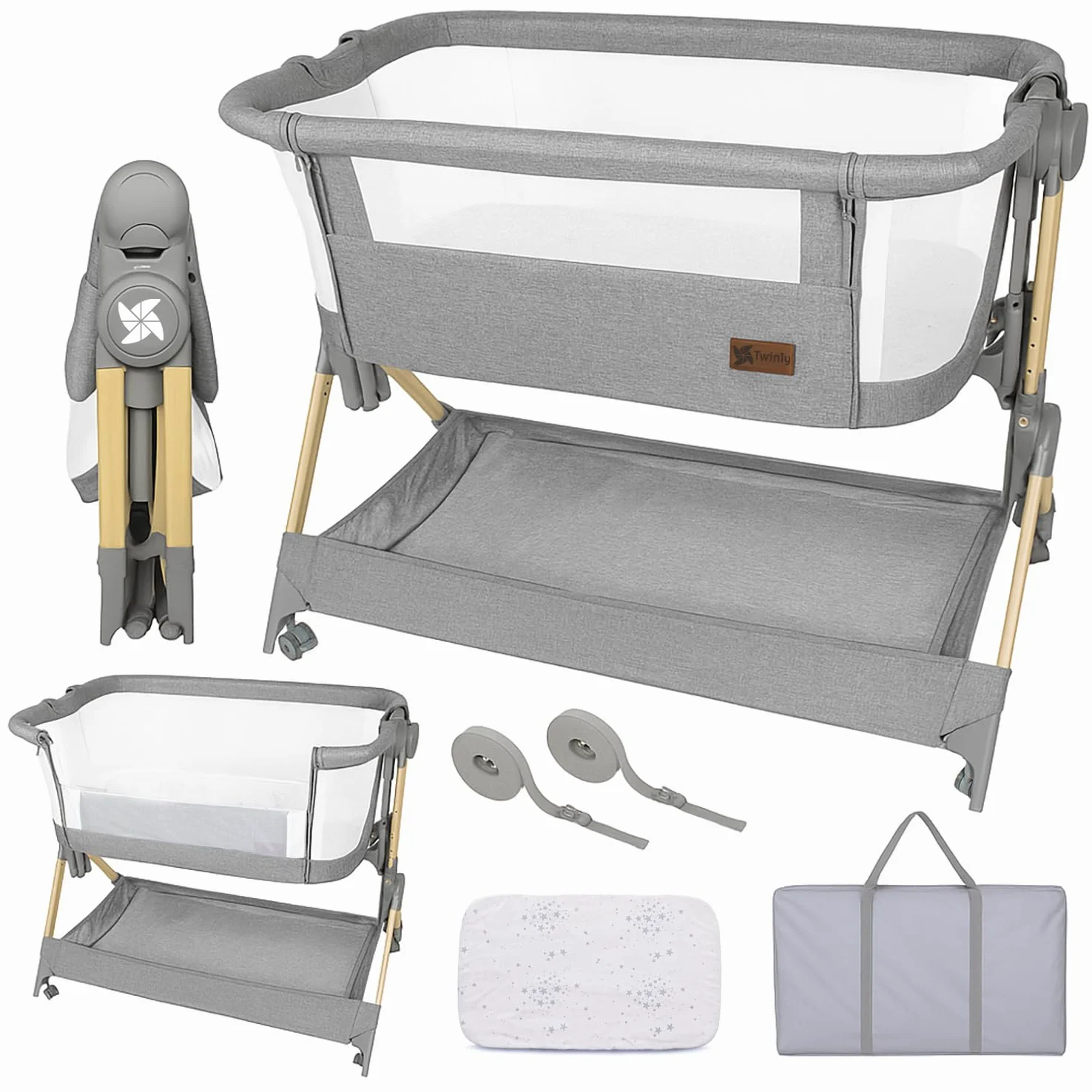 Twinly Comfortly - Cuna Colecho Bebé y Moisés 2 en 1 con Ruedas | Minicuna de Viaje Plegable, Sin Montaje, Altura Ajustable y Función Antireflujo | Incluye Colchón, Sábana Algodón y Bolsa (Wood)