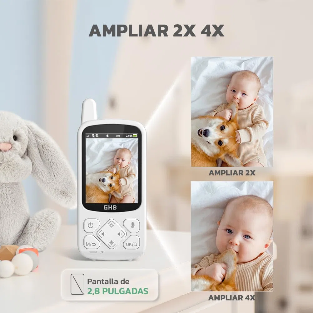 GHB Camara Vigilancia Bebe Vigilabebes con Camara con Pantalla IPS 2.8" 720P Recargable de 2000mAh Visión Nocturna 8 Canciones de Cuna Comunicación Bidireccional VOX Escucha Bebes