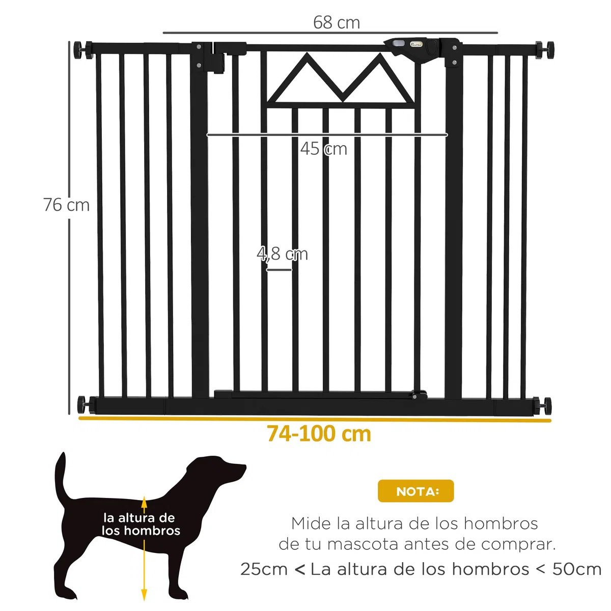 PawHut Barrera de Seguridad para Perros Extensible 74-100 cm, para Puertas y Escaleras, Barrera para Perros con Cierre Automático, Doble Bloqueo, Montaje a Presión y 2 Extensiones 7/14 cm, Negro
