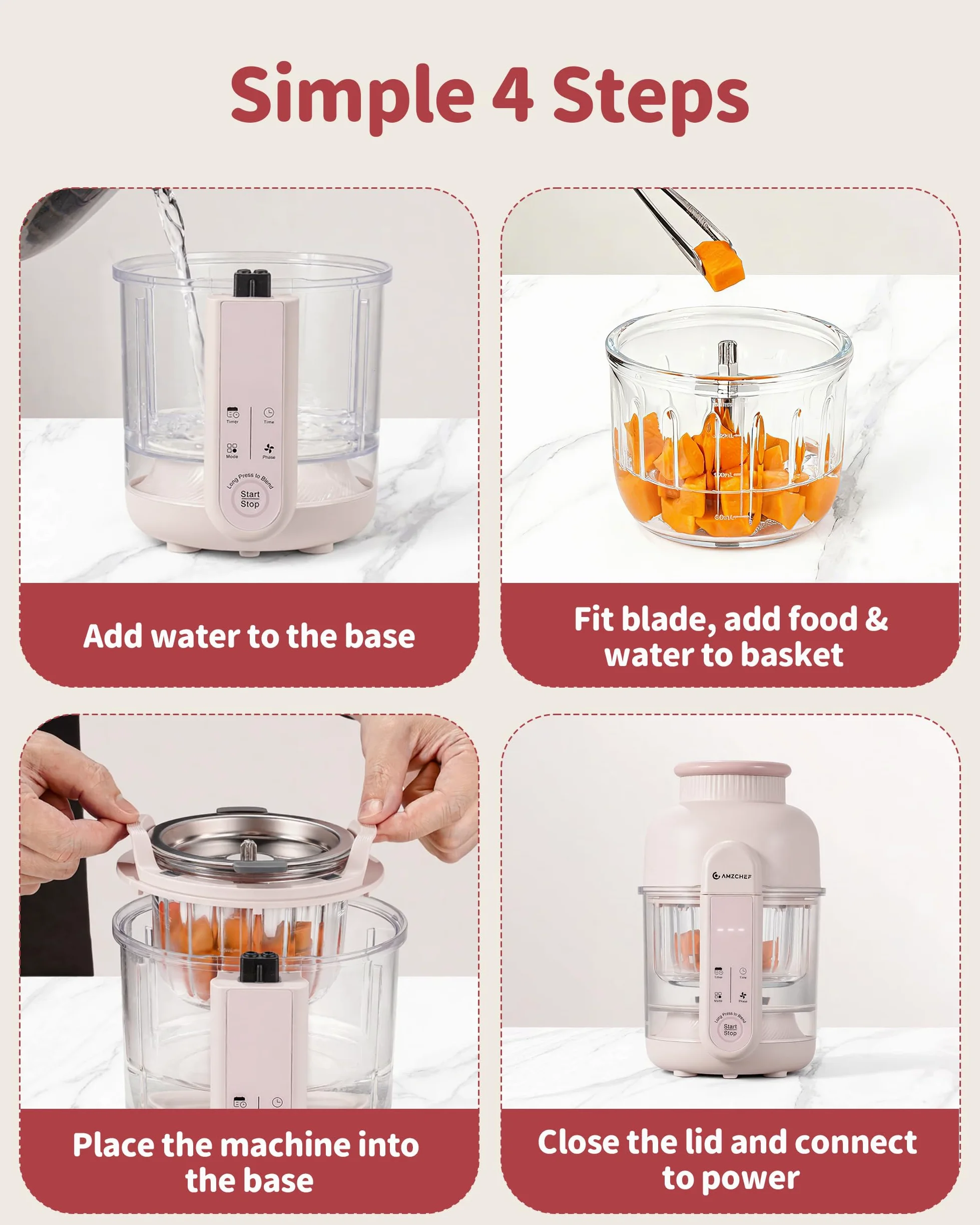 AMZCHEF Robot de cocina para bebé 6-en-1 Vaporera & Licuadora – Programas por Etapas de Edad 1–5, Libre de BPA – Cocinar al Vapor, Triturar, Puré, Descongelar, Auto-Limpieza – Control Táctil