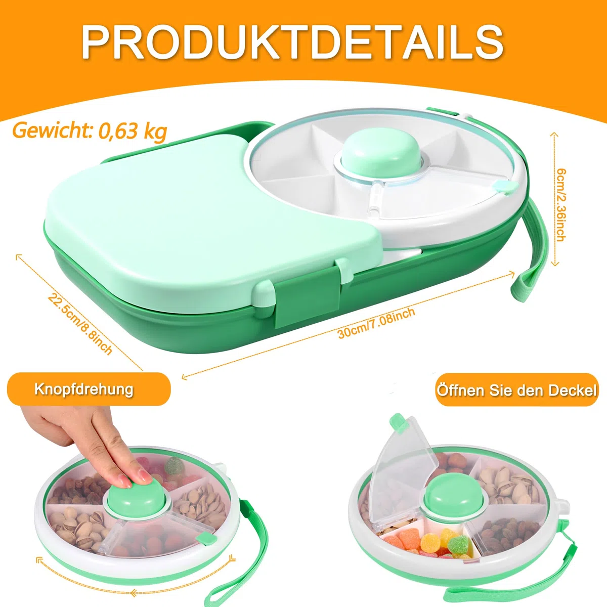Caja de aperitivos con compartimentos para niños, juego de snack spinner, tapa de sello portátil, plato de aperitivos, fiambrera multifuncional para bebé, fiambrera escolar