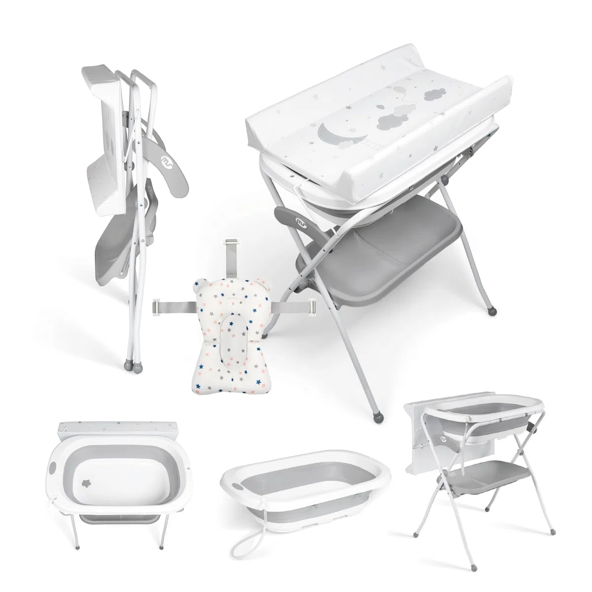 Ms BabyWorld ZOE - Bañera Bebe con Patas, Cambiador, Cojín Reductor y Cesta Portaobjetos - Comoda, Facil de Guardar, con Tapón y Patas Antideslizantes - Bañera Bebé Plegable y Portatil (Gris)