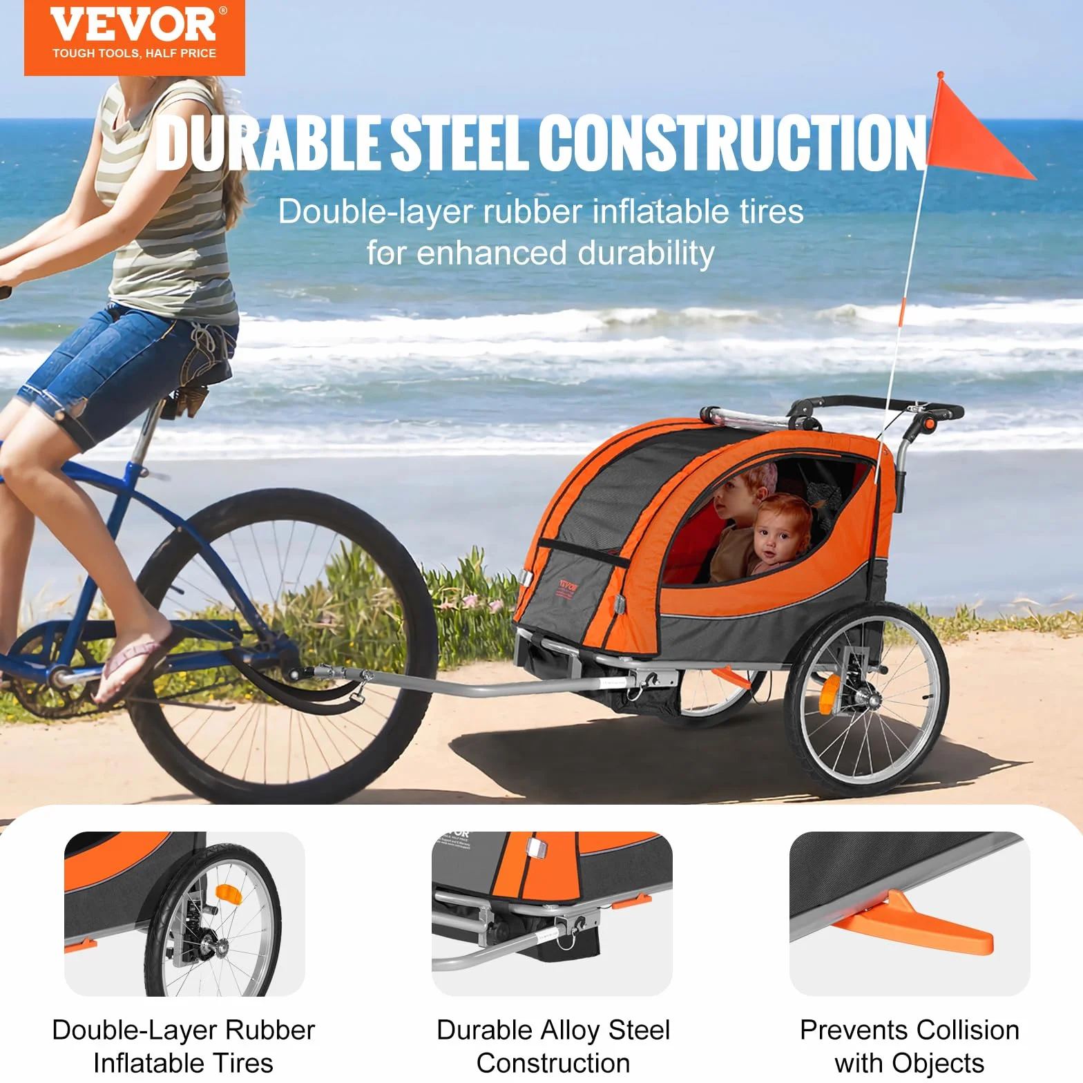 VEVOR Remolque de Bicicleta para Niños Asiento Doble Carga 40 kg Portaequipajes Transformable en Cochecito Remolque de Bicicleta para Niños Plegable con Enganche Universal para Bicicleta, Naranja Gris