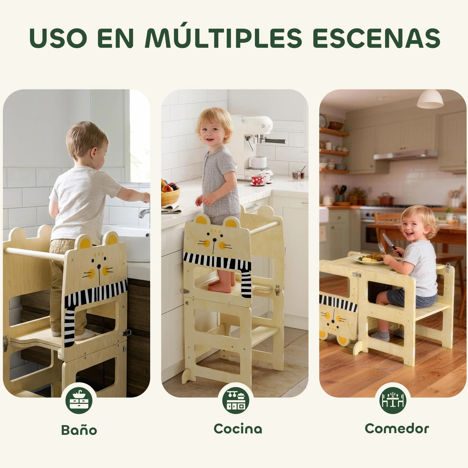 AIYAPLAY Torre de Aprendizaje 3 en 1 Plegable, Convertible en Escritorio y Silla, para Niños 2-5 Años, Natural