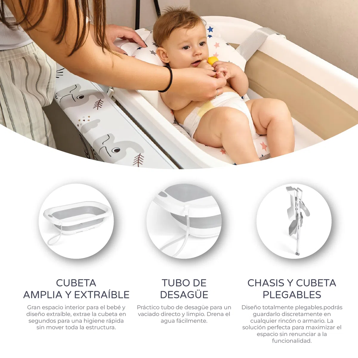 Ms BabyWorld ZOE - Bañera Bebe con Patas, Cambiador, Cojín Reductor y Cesta Portaobjetos - Comoda, Facil de Guardar, con Tapón y Patas Antideslizantes - Bañera Bebé Plegable y Portatil (Gris)