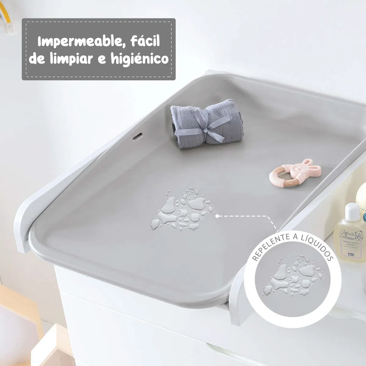 Cambiador Bebe Silicona 50x70 Gris Glenn. Colchoneta con Arnés Seguridad. Colchón espuma 70x50 para Mueble Cambiador Bebe. Muda Fraldas. Alondra