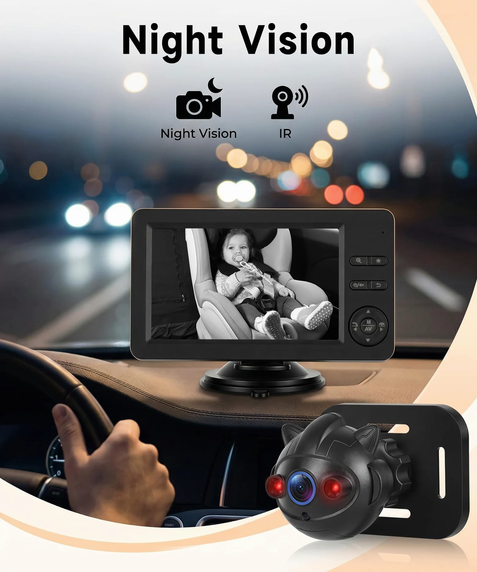 Rimoody Cámara de Coche para Bebé, Espejo de Coche para Bebés para el Asiento Trasero con 4,3 Pulgadas IPS Monitor, Visión Nocturna IR, Manos Libres y Música Bluetooth, Iluminación de Siete Colores