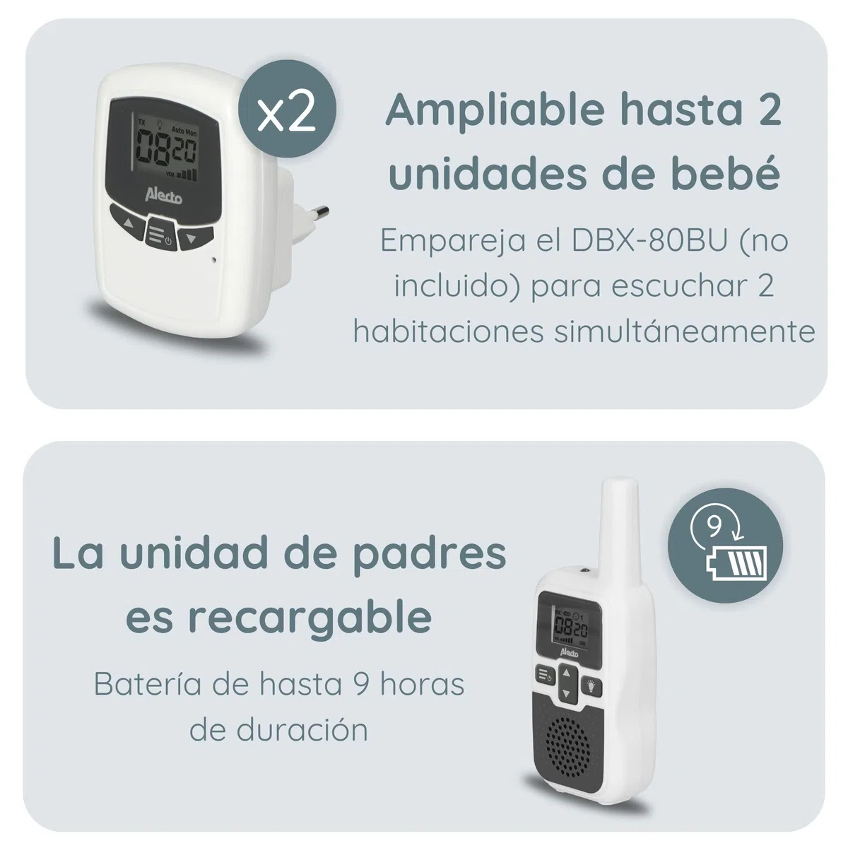 Alecto bébé DBX80 Vigilancia de Largo Alcance - Monitor Bebe Alcance de hasta 3.000 Metros - con Largo Tiempo de Espera (hasta 9 Horas) - VOX - Sensibilidad Ajustable - Ampliable - Blanco