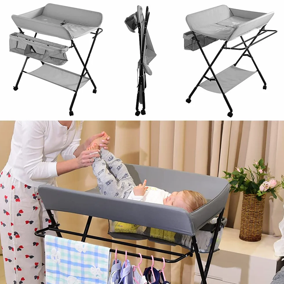 Mueble Cambiador Bebe Plegable y Portátil, Cambiador con 4 Ruedas, Patrón de Jirafa, Ajuste de Altura, 80 * 66 * 92-98cm (A-gris)