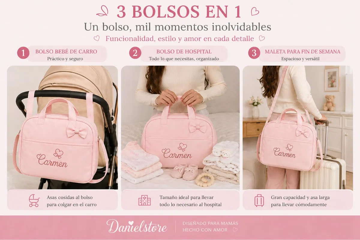 Danielstore - Bolso Maternidad Personalizado | Organizador Pañales | Asa Colgar al Hombro | Compatible Carrito Bebe | Fácil Limpieza, Rosa, 1 Unidad, Polipiel