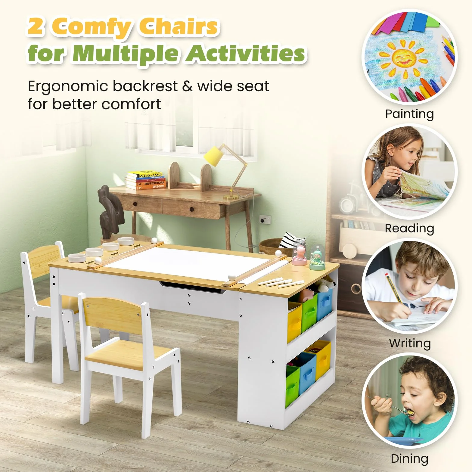 RELAX4LIFE Mesa Infantil con 2 Sillas, Mesa y Silla Infantil de Madera para Niños con Encimera Elevable, 2 Espacio Interior, 6 Cajones de Tela, 4 Tazas para Pintar y Rollo de Papel (Natural)