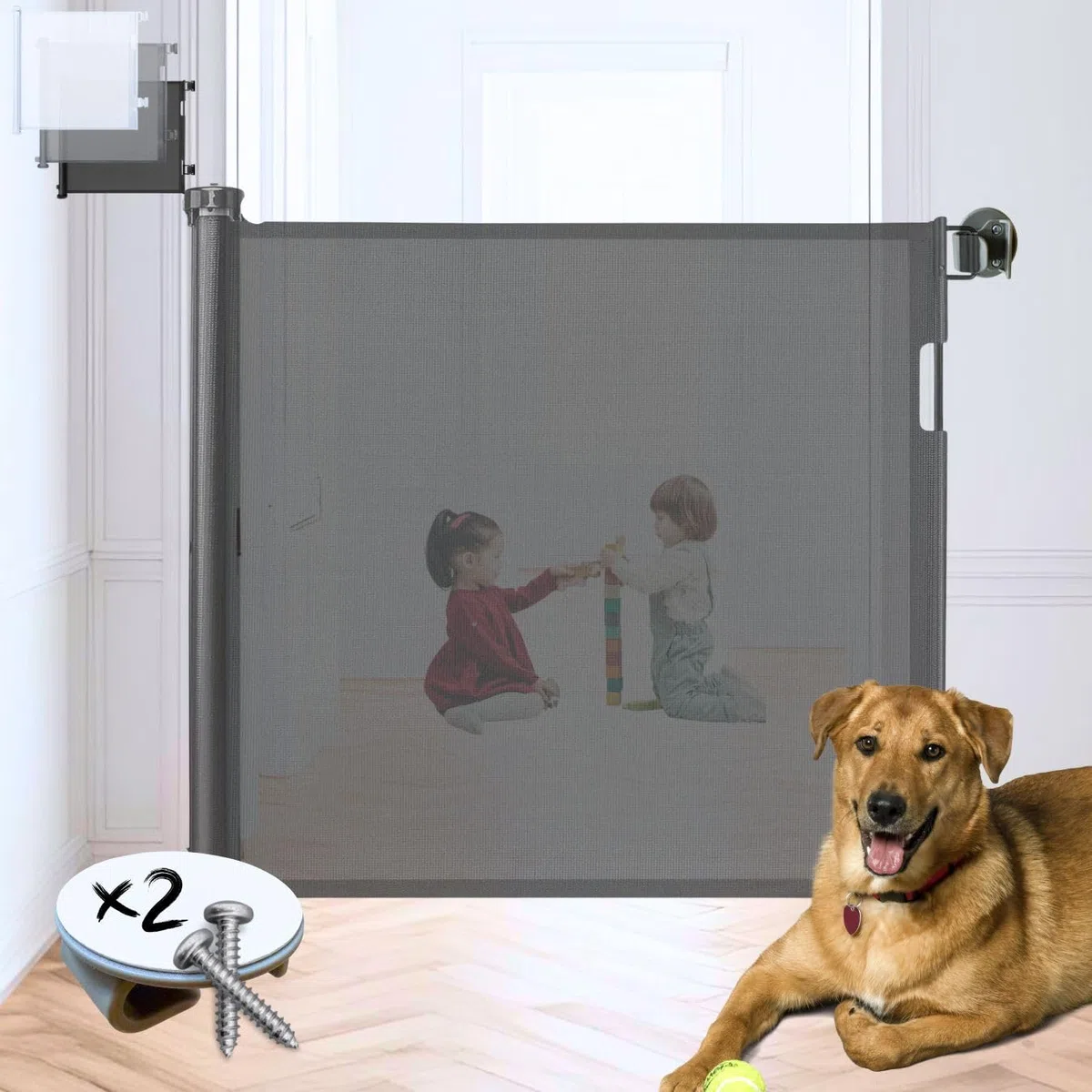Puerta Retráctil Seguridad Adhesivos o Tornillos -140cm- Barrera Extensible Bebés y Perros - Sin Taladrar. Sin Agujeros - Apta en Escaleras, Puertas, Pasillos (140CM-BLANCO)