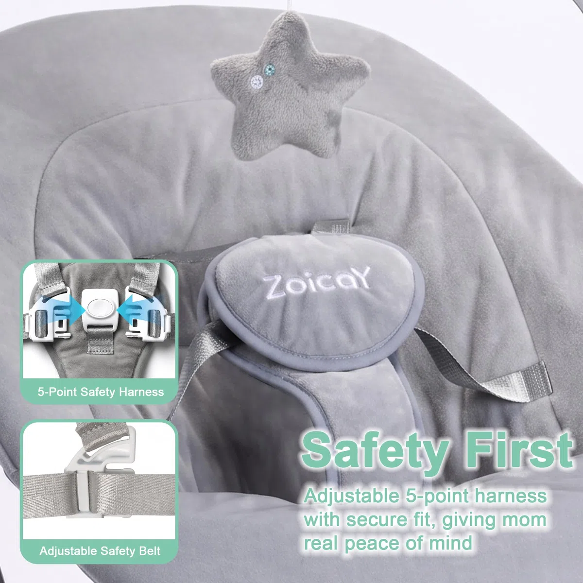 Zoicay Mecedora Bebe Electrica con 3 Modos y 5 Velocidades | Hamaca Bebé Respaldo Ajustable, Función de Temporización y Música Mando a Distancia y Bluetooth para bebe 0-9 Meses (Gris)