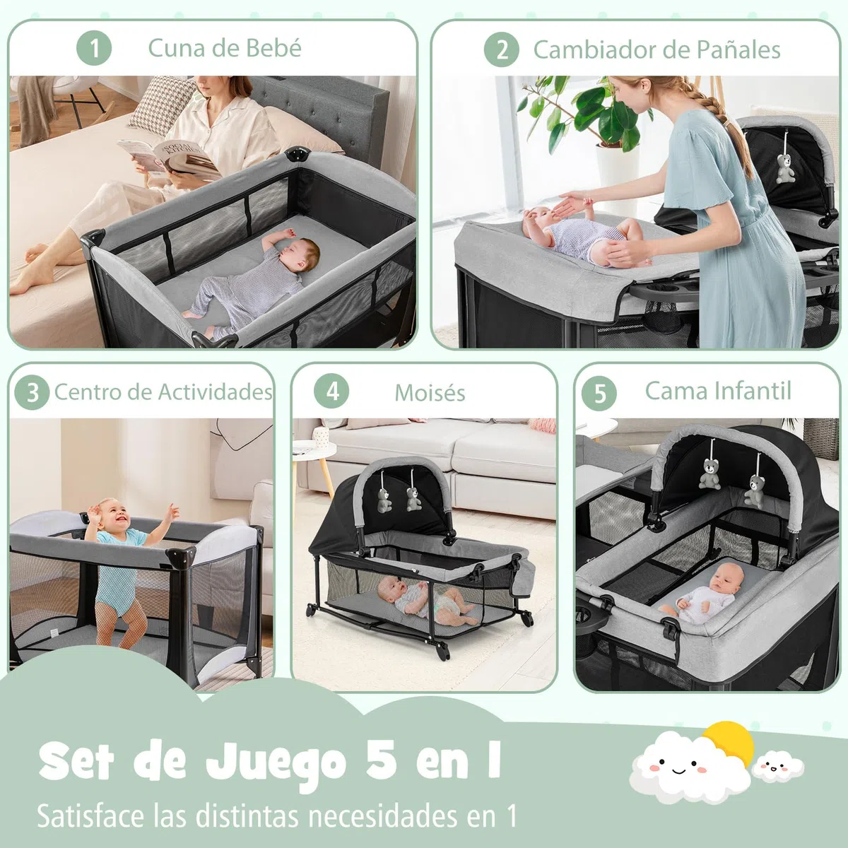 COSTWAY 5 en 1 Cuna de Viaje para Niños, Centro Infantil Portátil con Cuna,Cuna y Cambiador de Pañales, Juego para Bebés y Colchón Extraíble, Cesta de Almacenamiento, 2 Ruedas Bloqueables (Negro)