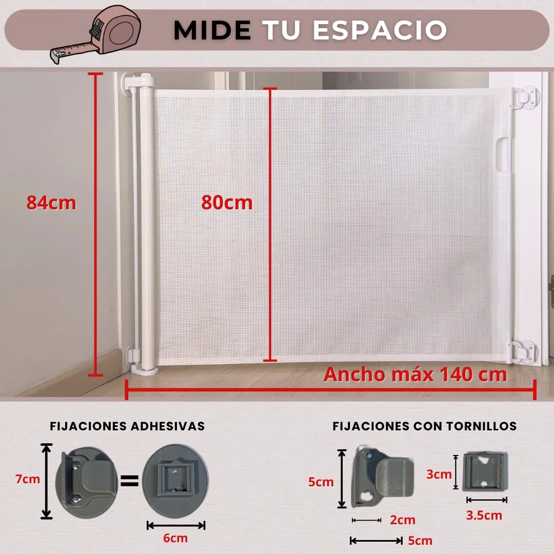 Puerta Retráctil Seguridad Adhesivos o Tornillos -140cm- Barrera Extensible Bebés y Perros - Sin Taladrar. Sin Agujeros - Apta en Escaleras, Puertas, Pasillos (140CM-BLANCO)
