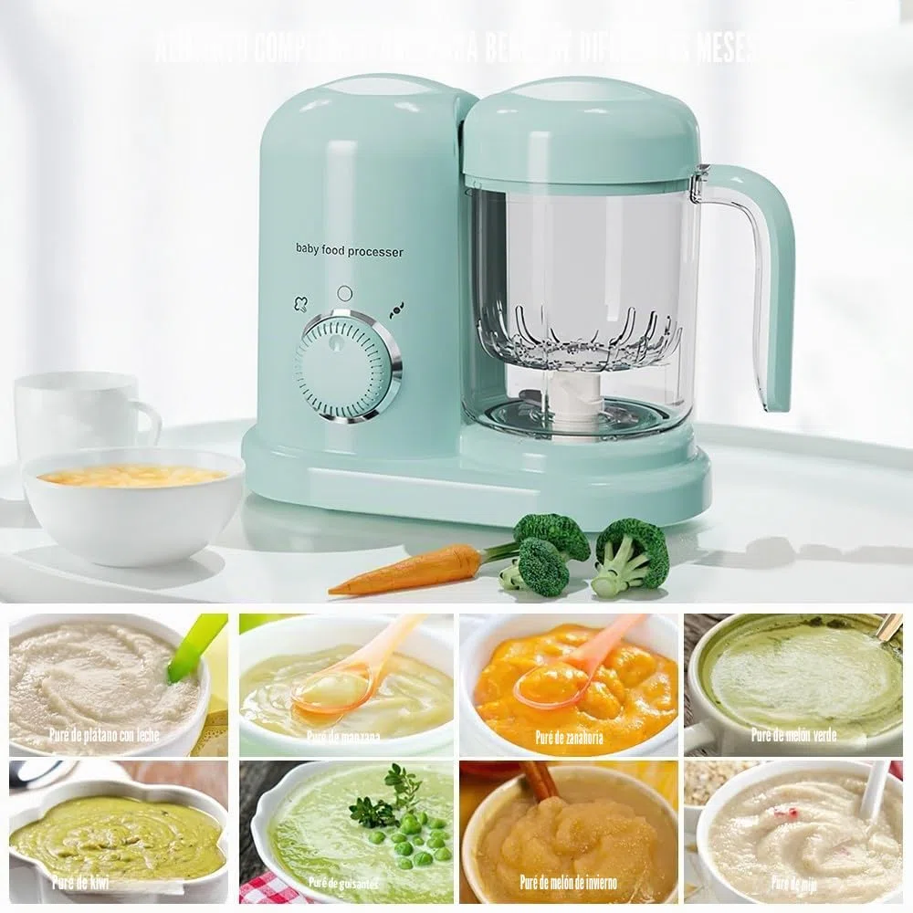 Robot de Cocina Multifunción para Bebé, Cucción al Vapor y Mezclado Automático, Fácil de Limpiar, Mezclador con Pantalla LED para Niños desde 4 Meses, Diseño Todo-en-Uno y Compacto (Verde)