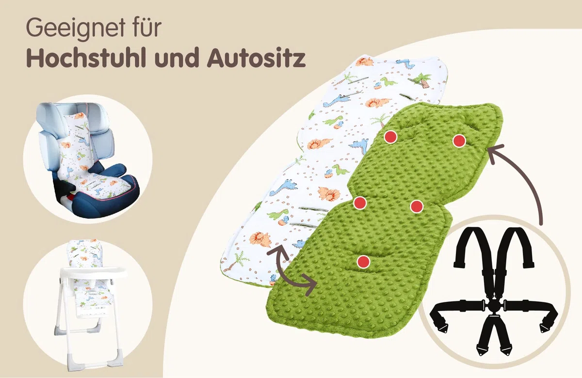 Colchoneta silla paseo universal - Cojín reductor Ideal para carrito bebe funda asiento cómoda y protectora para mayor confort del bebé Minky Dinosaurio verde