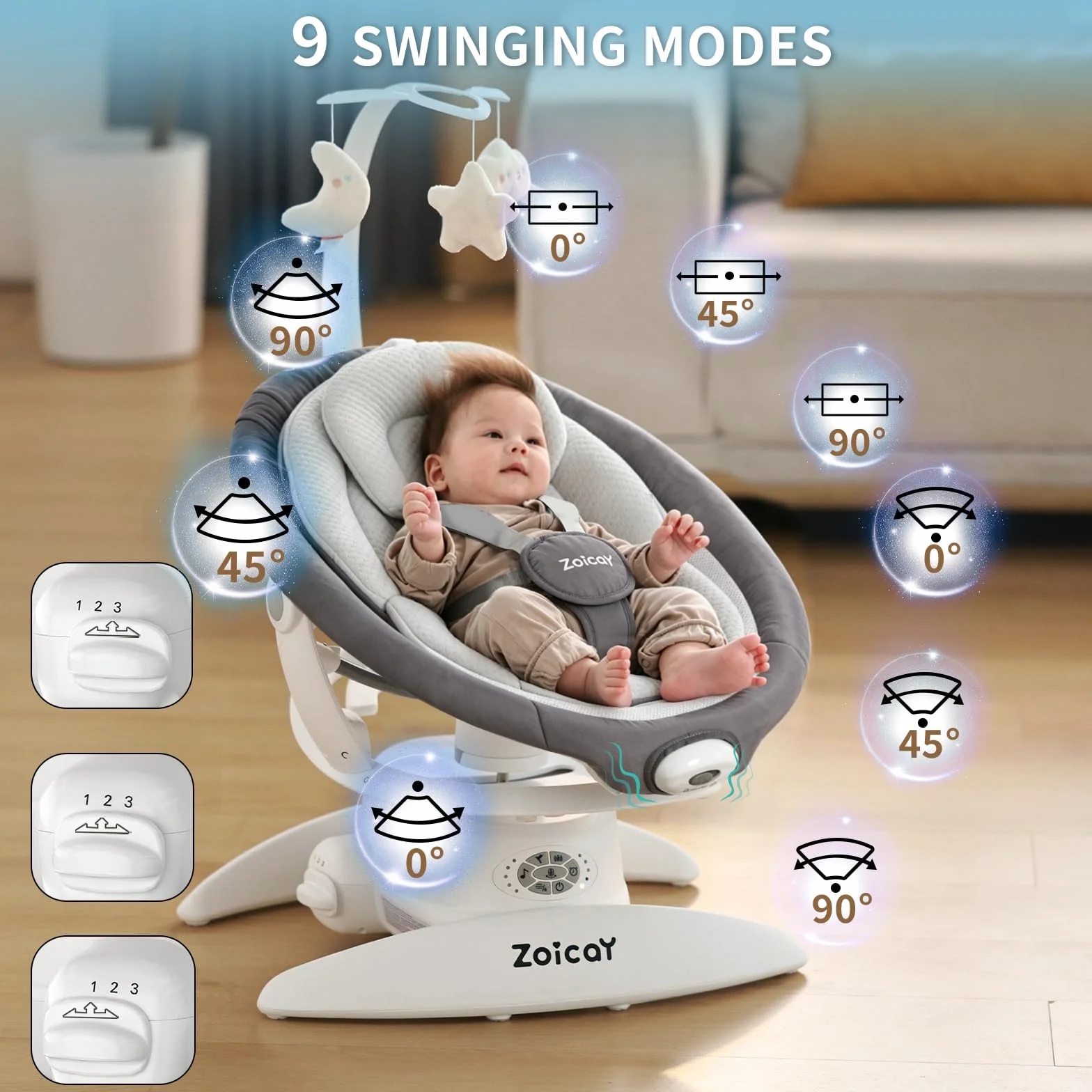 Mecedora Eléctrica para Bebé 3-en-1 Zoicay, 9 Modos, Giro 360°, Temporizador y Música, Control Remoto y Bluetooth, Gris
