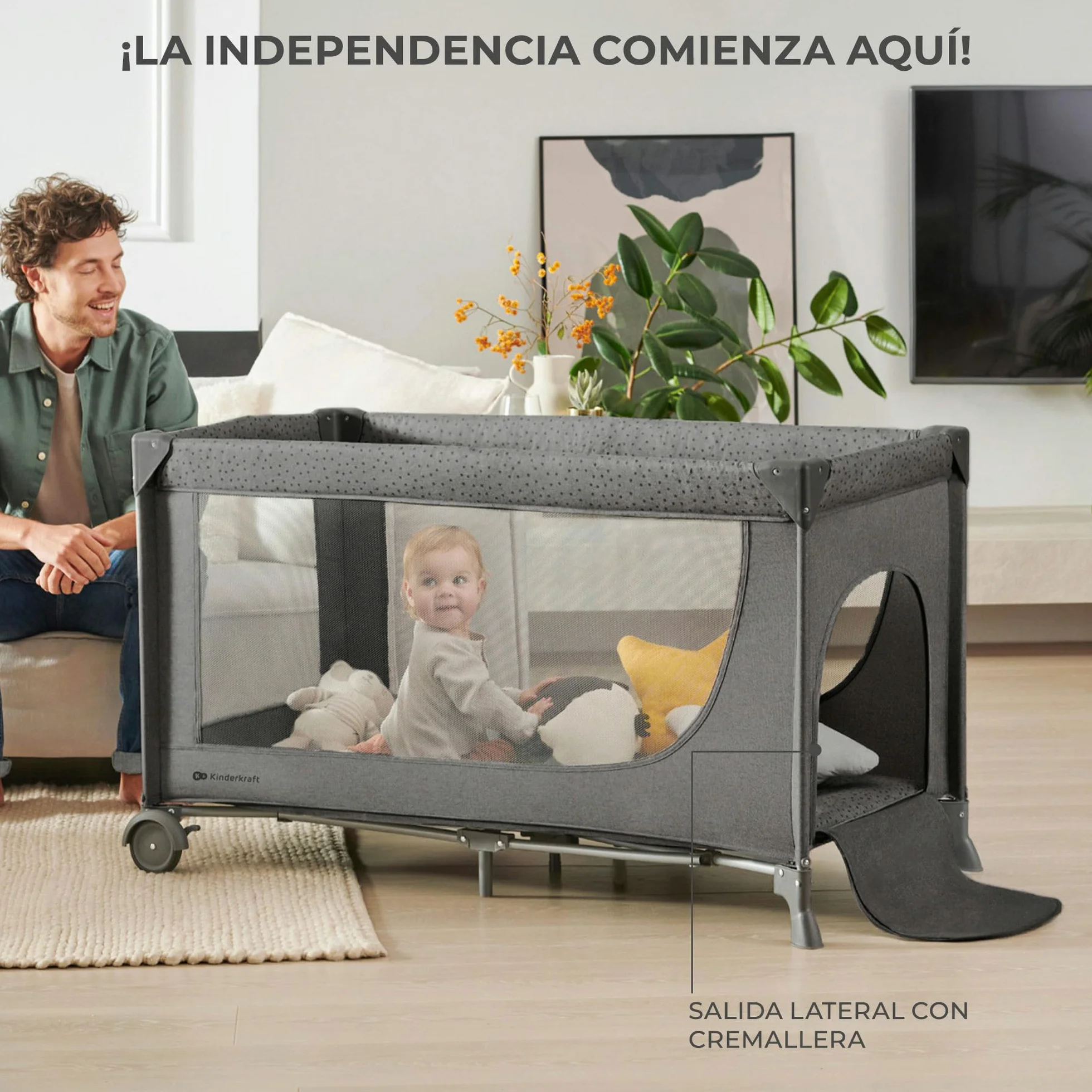 Kinderkraft Joy 2 Cuna de Viaje 3 en 1 para Bebé hasta 25 kg, Plegado rápido, Entrada Lateral, Gris