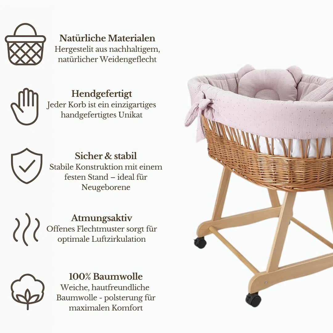 WIKLINOPOL - Moisés completo con cesta de moisés natural, colchón y ropa de cama de algodón 100% en color lila dorado, espacio seguro para dormir con ruedas y freno, modelo Amelia