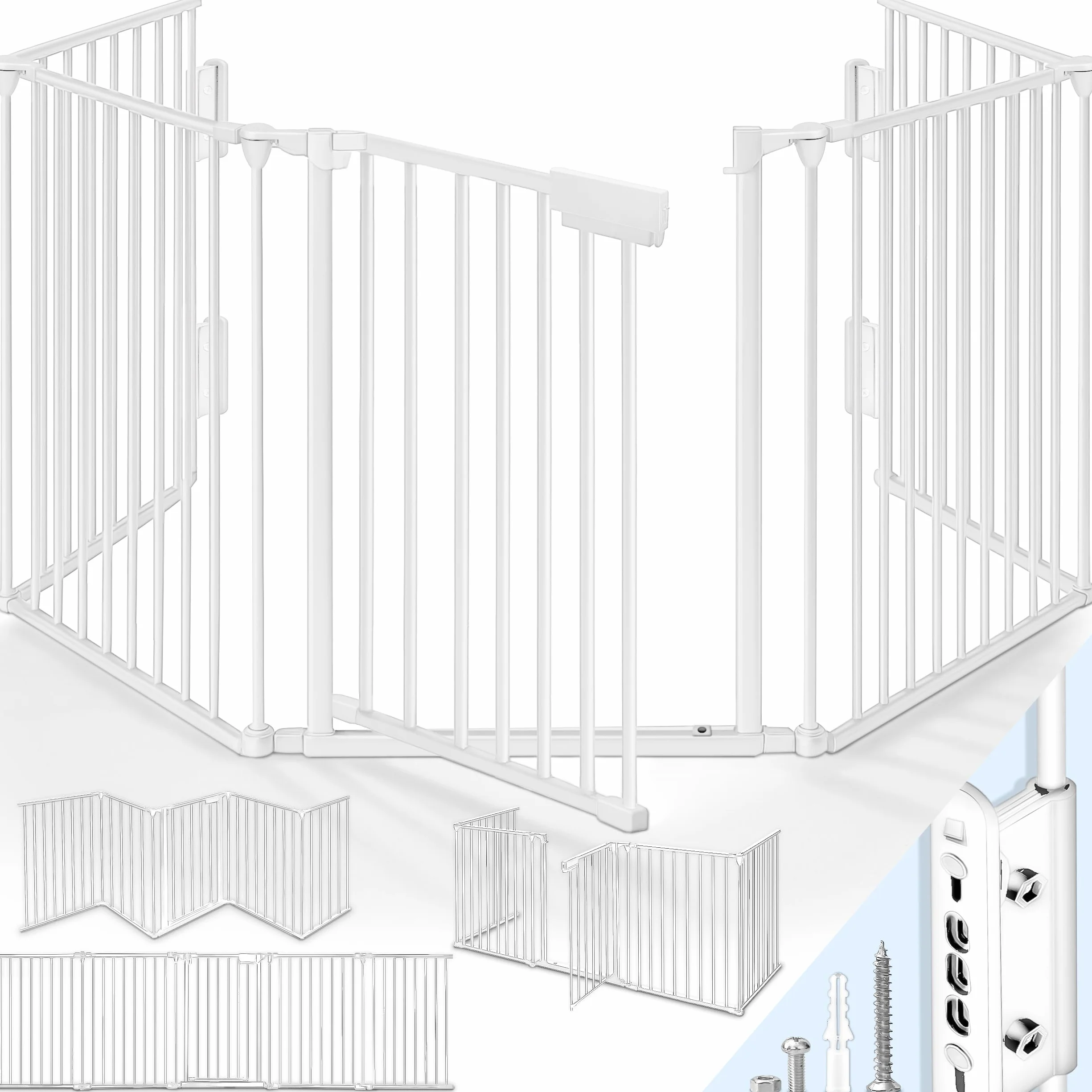 KIDUKU® Barrera de Seguridad 300 cm para Niños y Mascotas | Reja de Protección de Metal - Premontado | Rejilla Protectora Metálica Plegable con Puerta | 5 Paneles