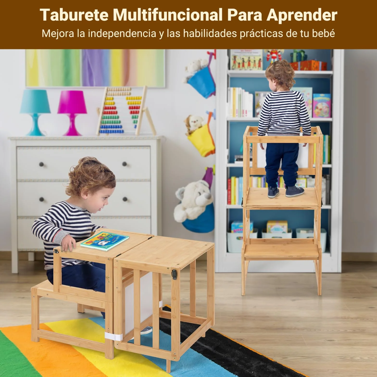 COSYLAND Torre de Aprendizaje 3 en 1 Bambú Convertible Escritorio Infantil Pizarra Dibujar Niños 18 Meses 6 Años Cocina Natural