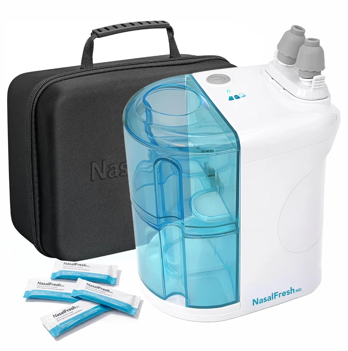 NASALFRESH MD Paquete Premium – Sistema de irrigación nasal con doble alimentación – Sistema de alivio descongestionante sinusal – 60 sobres de solución salina, estuche, 2 juegos de almohadillas