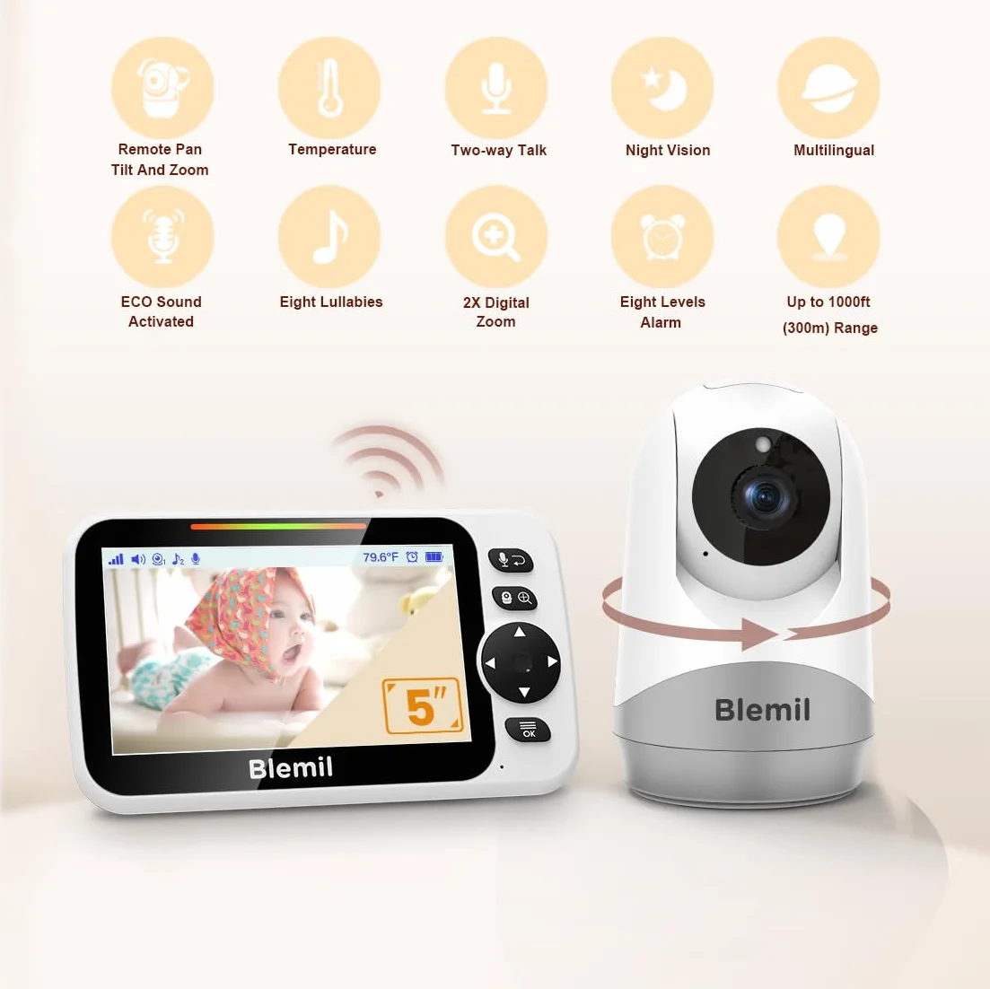 Blemil Monitor para bebés con batería de 30 Horas, Monitor para bebés de vídeo de Pantalla Grande de 5 Pulgadas con cámara y Audio, visión Nocturna, lulabies, sin WiFi
