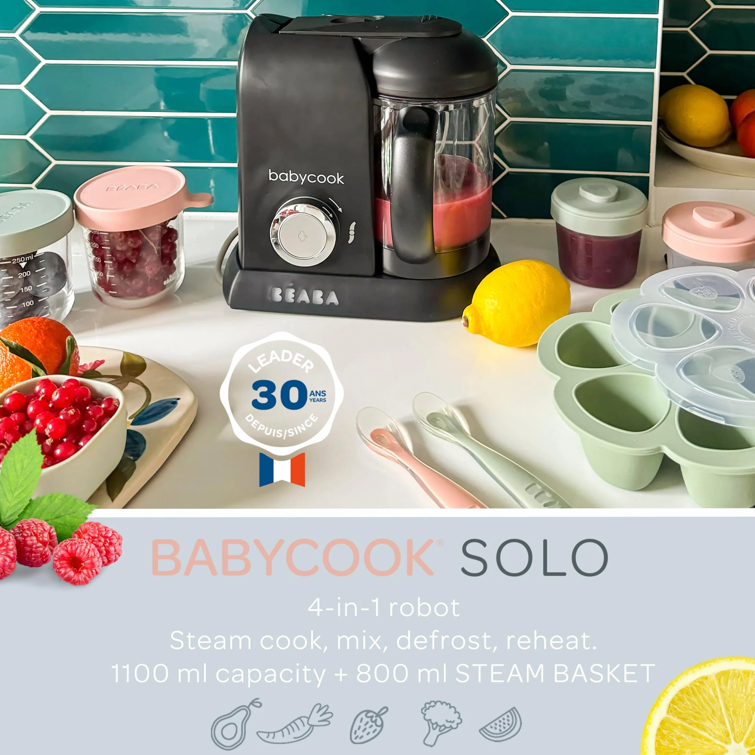 Beaba Babycook Solo Baby Food Maker 4 in 1: Baby Food Processor, Blender and Cooker - Soft Steamer Cooking - Quick - Food Diversification for your Baby - Made in France - Black