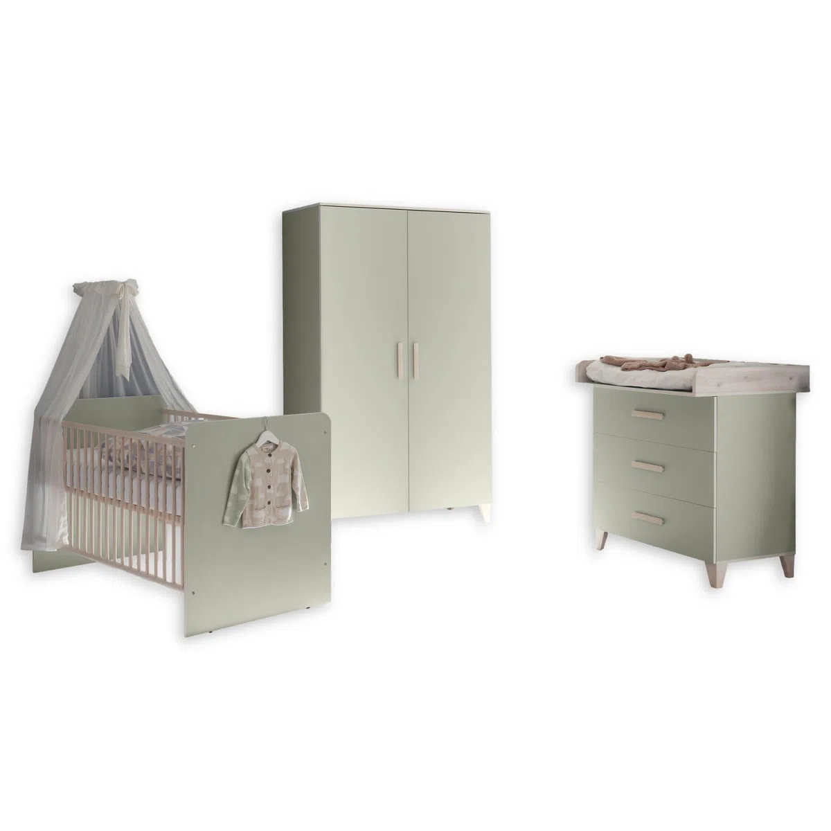 Stella Trading Prizzi Completo Color Verde Pastel/Aurum, Juego de Muebles para habitación de bebé de 3 Piezas Compuesto por Armario, Cuna y Cambiador, Madera, Komplett-Set