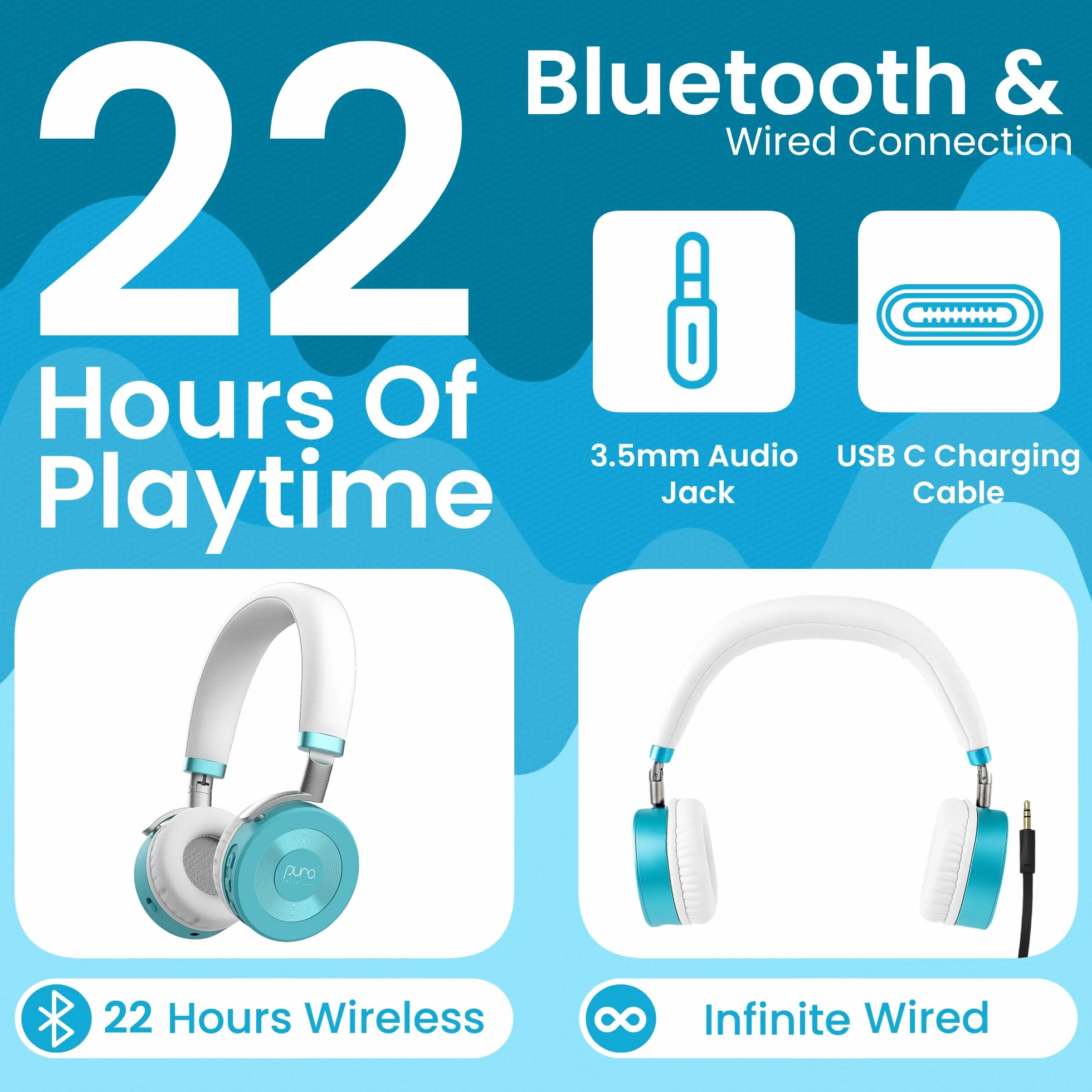 Puro Sound Labs Auriculares JuniorJam Plus con Limitación de Volumen para Niños, límite de 85 dB, Auriculares Bluetooth Ajustables para tabletas, Smartphones, Ordenadores - 22 Horas de autonomía