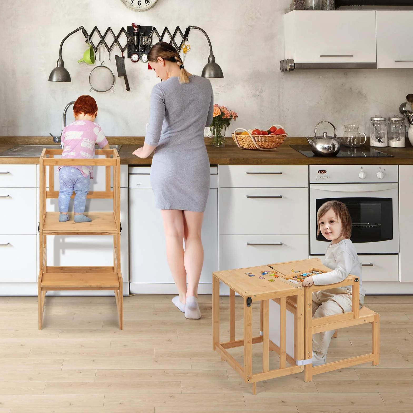 COSYLAND Torre de Aprendizaje 3 en 1 Bambú Convertible Escritorio Infantil Pizarra Dibujar Niños 18 Meses 6 Años Cocina Natural
