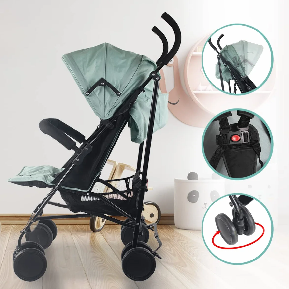 Mobiclinic®, Carrito bebe, Elefant, Marca española, Plegable, Respaldo reclinable, Doble sistema de seguridad, Ruedas extraíbles, Arnés ajustable 5 puntos, Silla paseo ligera, Verde y negra